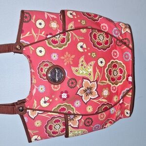 🏵 Longaberger pink and brown floral canvas purse/ handbag. Excellent. Like new!